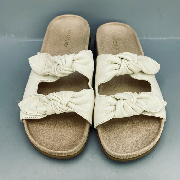 Vionic Elara Slide Sandals Womens 10 Beige Leather Strap Perfect Fit - Picture 3 of 8